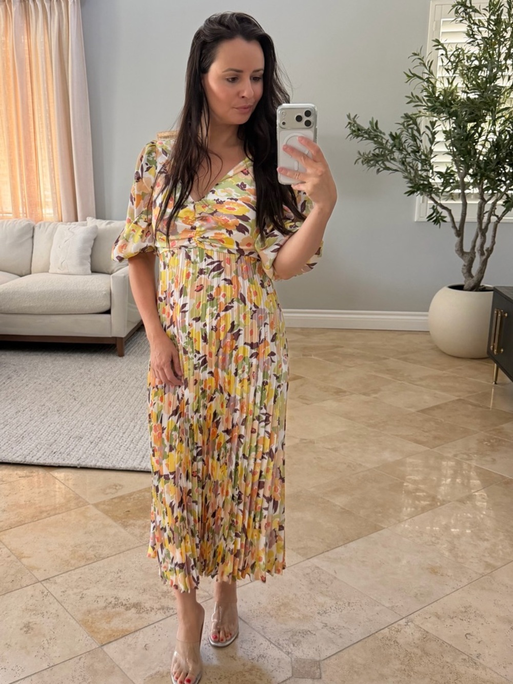 Likely Yellow Multi Floral Pleated Midi Dress